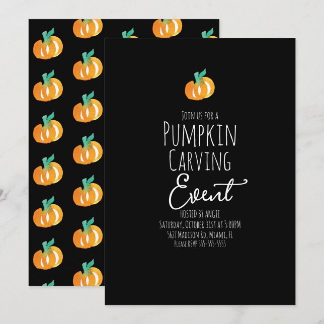 Invitación Fiesta de Calabaza Tallada con Acuarela Minimalist (Anverso / Reverso)