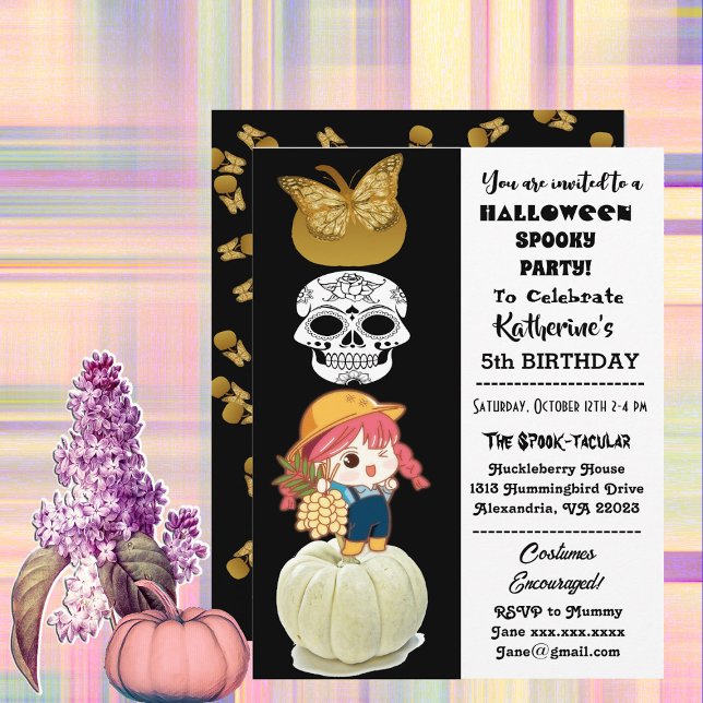 Invitación Fiesta de calabazas de oro del Chica de cumpleaños (Spooky Halloween Birthday Girl Gold Pumpkins Party Invitation)