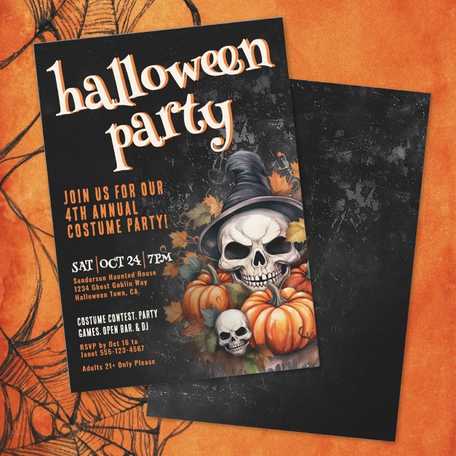 Invitación Fiesta de calaveras de calabaza Halloween (Pumpkin Skull Halloween Party Invitation)