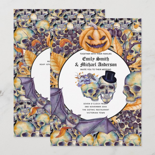 Invitación Fiesta de calaveras góticas de Halloween invita a  (Anverso / Reverso)