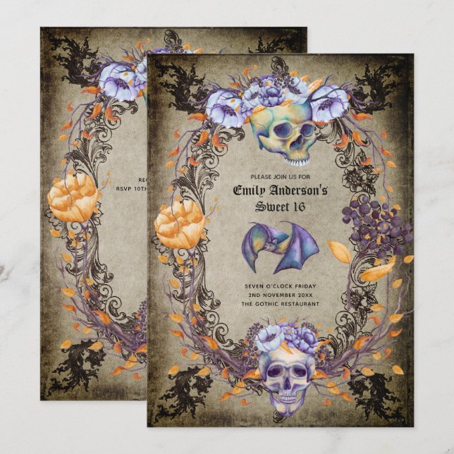 Invitación Fiesta de calaveras góticas de Halloween invita a  (Anverso / Reverso)