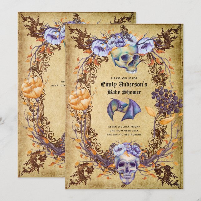 Invitación Fiesta de calaveras góticas de Halloween invita a  (Anverso / Reverso)