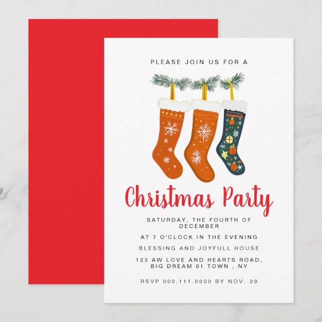 Invitación Fiesta de calcetines de Navidad ilustrados caprich (Anverso / Reverso)
