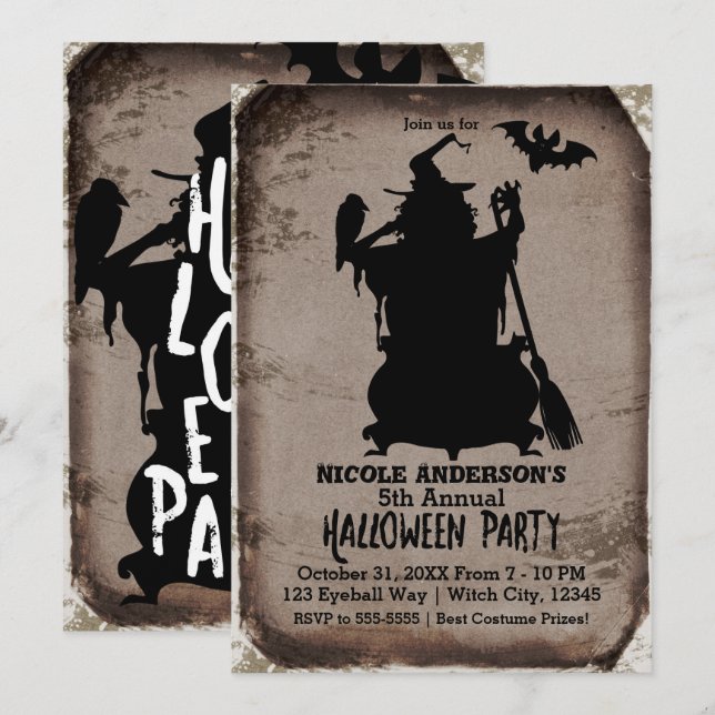 Invitación Fiesta de caldero de bruja de Halloween rústica vi (Anverso / Reverso)