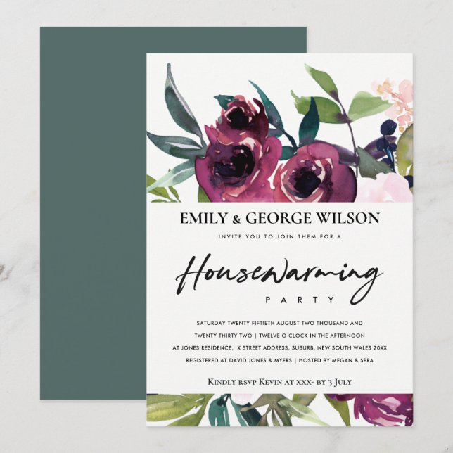 INVITACIÓN FIESTA DE CALENTAMIENTO DE BURGUNDY FLORAL BUNCH D (Anverso / Reverso)