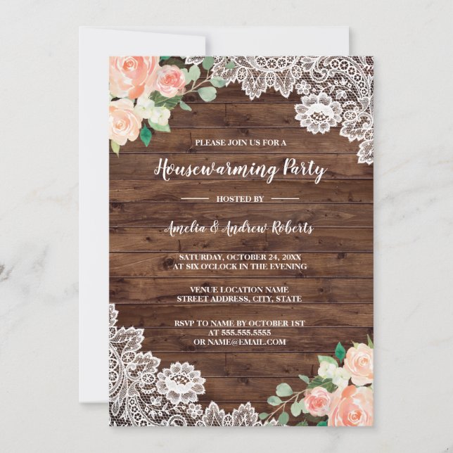 Invitación Fiesta de Calentamiento de Casa de Encaje de Mader (Anverso)