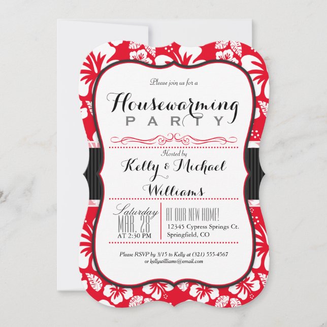 Invitación Fiesta de Calentamiento de Casa Tropical Rojo y Bl (Anverso)