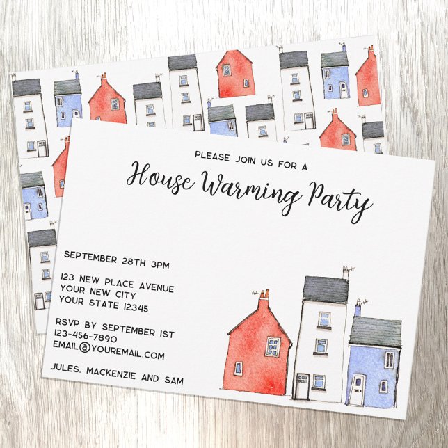 Invitación Fiesta de Calentamiento de Casas de Acuarela (Watercolor houses custom personalized housewarming party invitation)