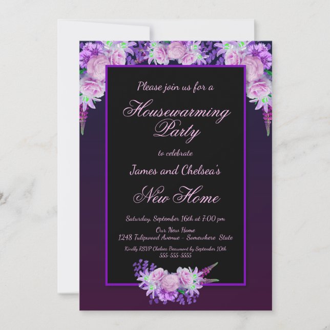 Invitación Fiesta de Calentamiento de Hogares con Flores Negr (Anverso)