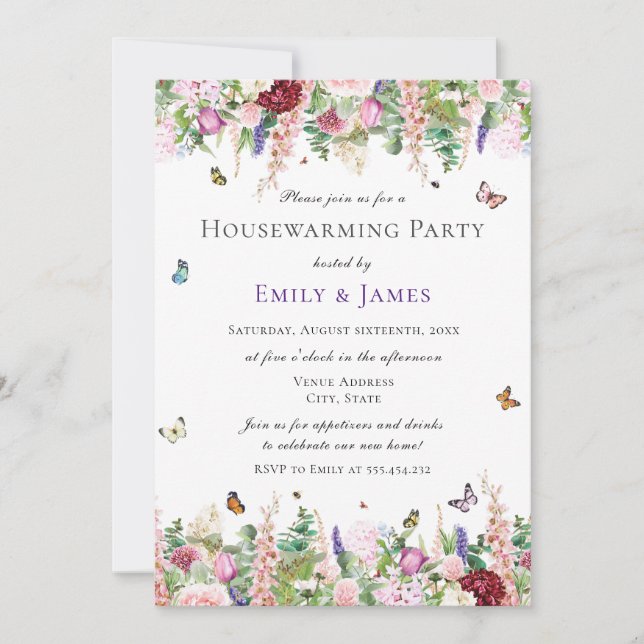 Invitación Fiesta de Calentamiento de Hogares Florales (Anverso)