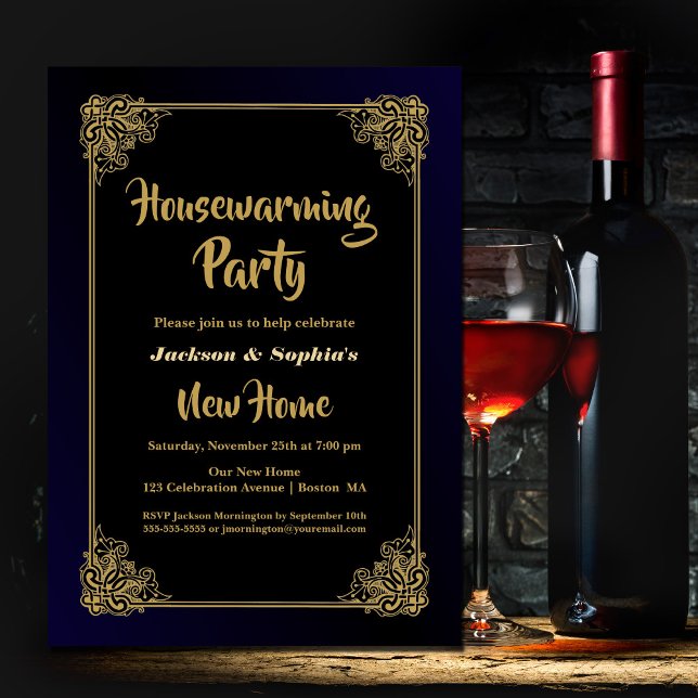 Invitación Fiesta de Calentamiento de Hogares Negro y Oro (Subido por el creador)