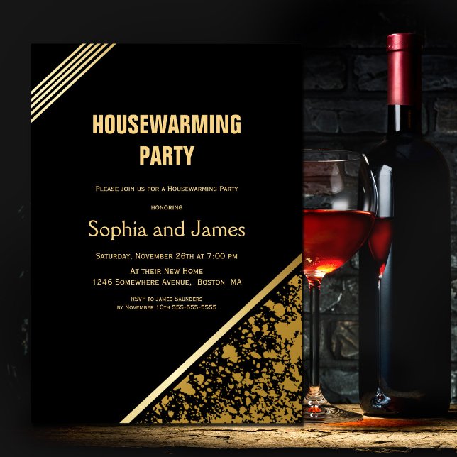 Invitación Fiesta de Calentamiento de Hogares Negro y Oro (Subido por el creador)