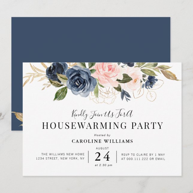 Invitación fiesta de calentamiento de la casa azul marino y f (Anverso / Reverso)