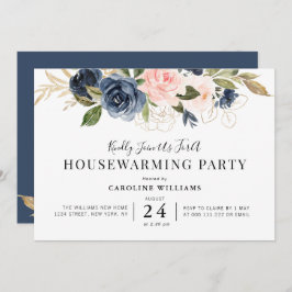 Invitación fiesta de calentamiento de la casa azul marino y f
