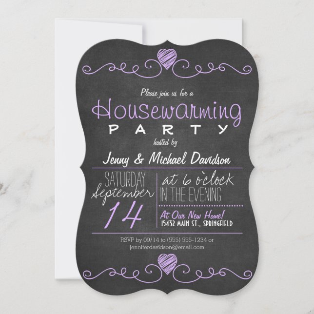 Invitación Fiesta de calentamiento de la casa morado y blanco (Anverso)