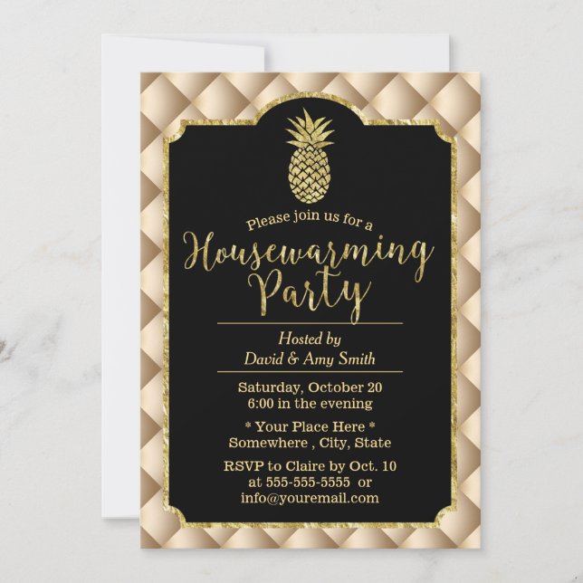 Invitación Fiesta de Calentamiento Doméstico Lujo Dorado Piña (Anverso)