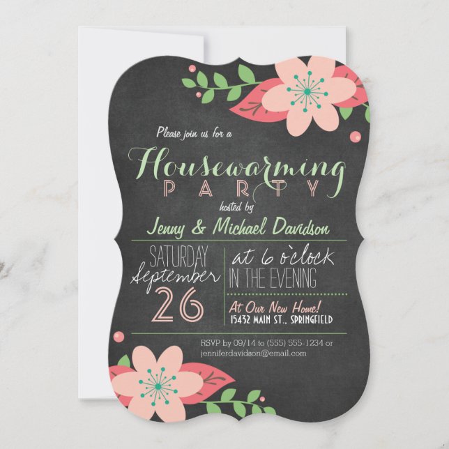 Invitación Fiesta de Calkboard Floral Verde Rosa (Anverso)