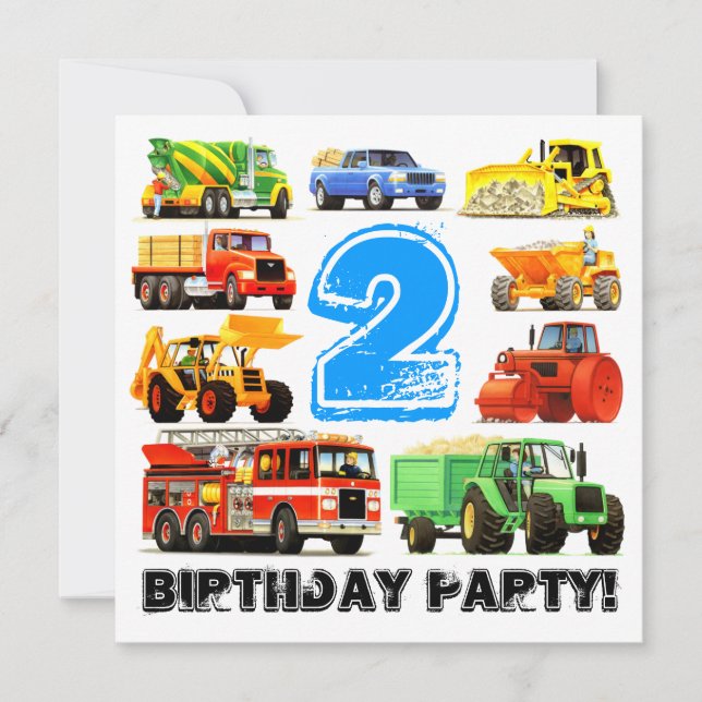 Invitación Fiesta de camión de construcción de segundo cumple (Anverso)
