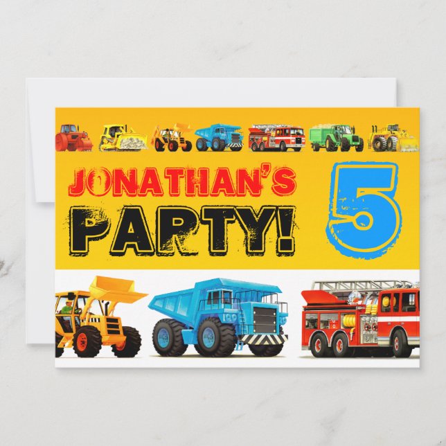 Invitación Fiesta de Camión Grande de Construcción para niños (Anverso)