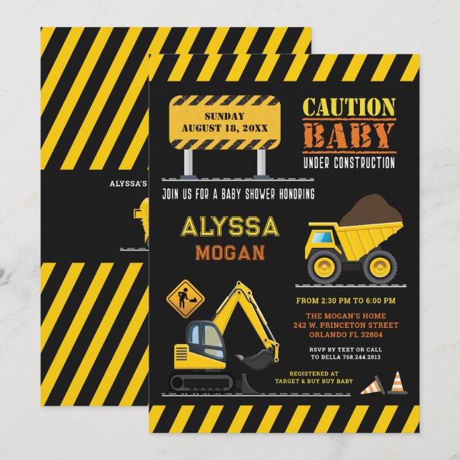 Invitación Fiesta de camión volcado en construcción Baby Show (Anverso / Reverso)