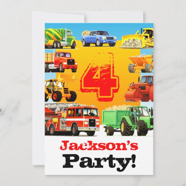 Invitación Fiesta de Camiones de Construcción para Niños de 4 (Anverso)