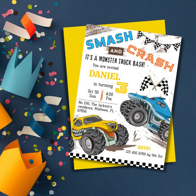 Invitación Fiesta de camiones monstruo Simple moderno cumplea (Subido por el creador)