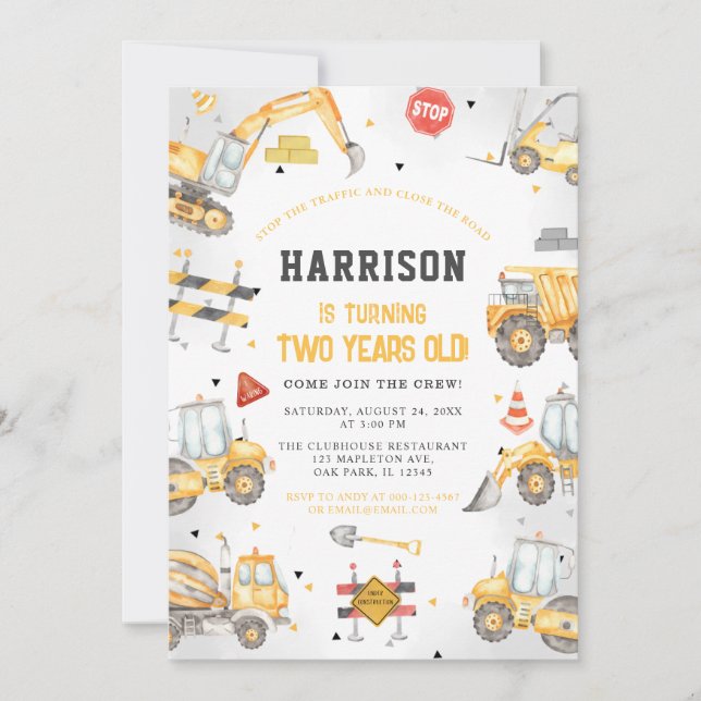 Invitación Fiesta de camionetas del tema de la construcción C (Anverso)