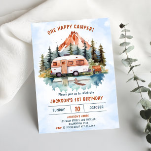 Invitación Fiesta de Camping de un Camper Feliz Primer Cumple