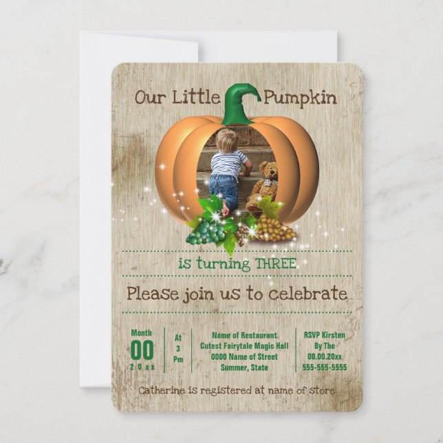 Invitación fiesta de campo de calabaza mágica fotográfica (Anverso)