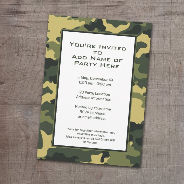 Invitación Fiesta de Camuflaje Militar Verde (Camouflage Birthday Party, Military graduation or cocktail party invitation.)