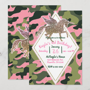 Invitación Fiesta de Camuflaje Verde Rosa y Unicornio Dorado
