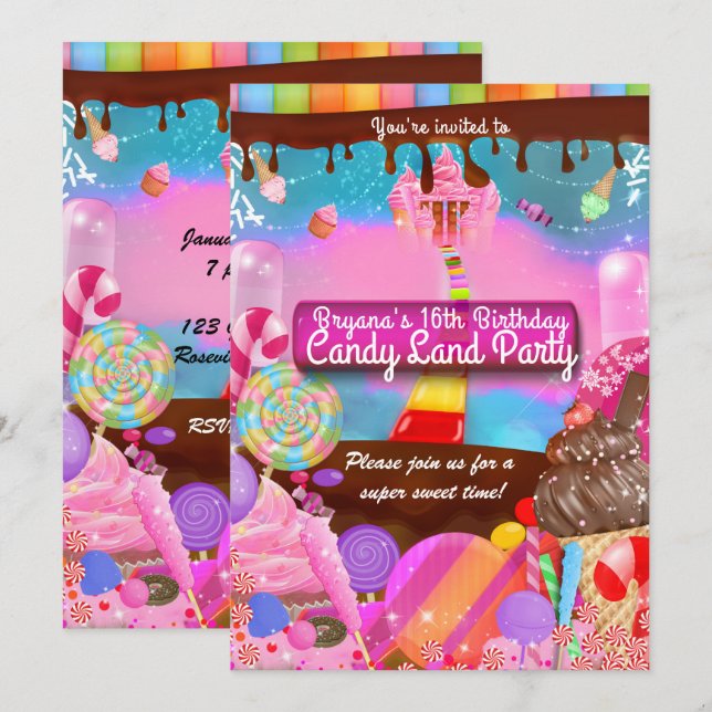 Invitación Fiesta de Candy Land Fantasía Cumpleaños Personali (Anverso / Reverso)