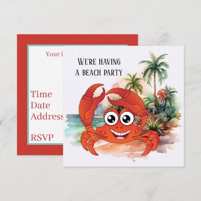 Invitación fiesta de cangrejos de playa lindos (Anverso / Reverso)
