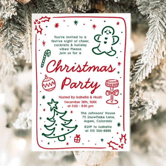 Invitación Fiesta de captación de Navidades de la mano de fer (Whimsical Holiday Hand Drawn Christmas Party Invitation)