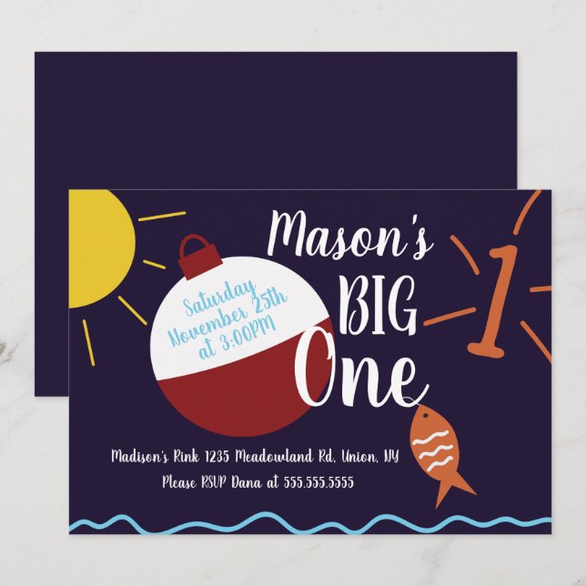 Invitación Fiesta de Carnada de Pesca Cumpleaños de un Pez Oc (Anverso / Reverso)