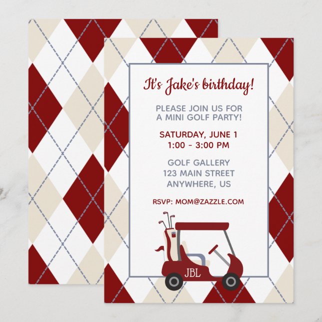 Invitación Fiesta de Carrito de Golf Argyle Rojo y Crema (Anverso / Reverso)