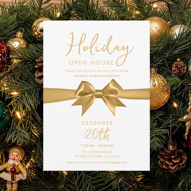 Invitación Fiesta de Casa Abierta de Navidad con Arco Dorado (Christmas Holiday Open House Gold Bow Party Invitation)