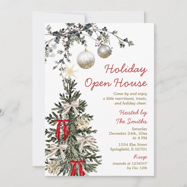 Invitación Fiesta de Casa Abierta Navideña Árbol de Navidad F (Anverso)