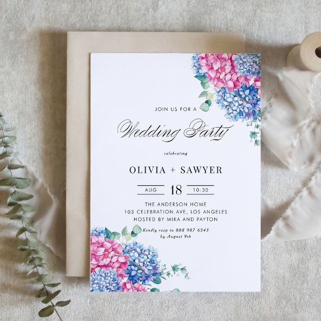 Invitación Fiesta de casamiento azul y rosa Hydrangea ( Customizable Wedding Party Invitation with Watercolor Blue and Pink Hydrangeas)