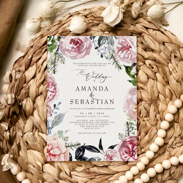 Invitación Fiesta de casamiento de marco rosa floral de invie (Subido por el creador)