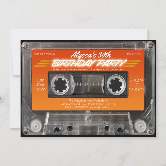 Invitación Fiesta de casetes mixtape Naranja Retro 80 (Anverso)