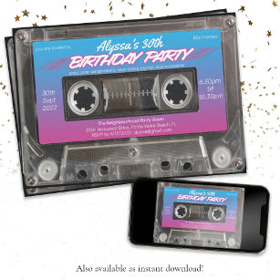 Invitación Fiesta de cassette de mixtape azul neón rosa retro