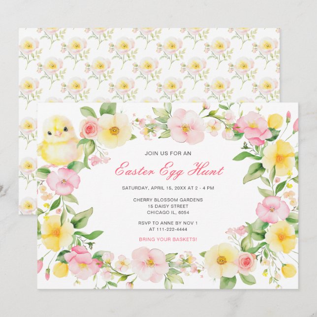 Invitación Fiesta de caza de huevos de Pascua de Chick Floral (Anverso / Reverso)