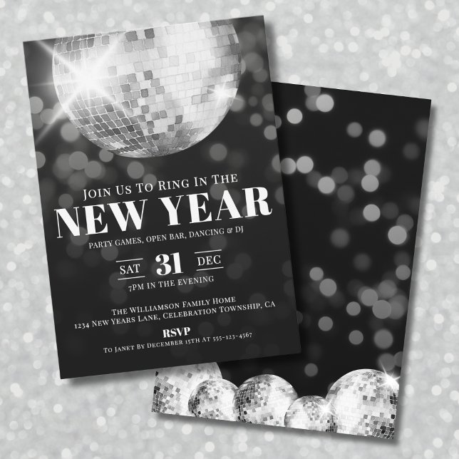 Invitación Fiesta de Celebración de Año Nuevo Blanco y Negro (Black White New Year's Eve Celebration Party Invitation)