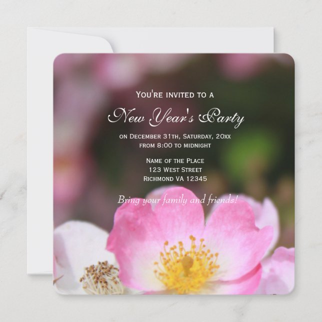 Invitación fiesta de celebración de Año Nuevo de la flor rosa (Anverso)