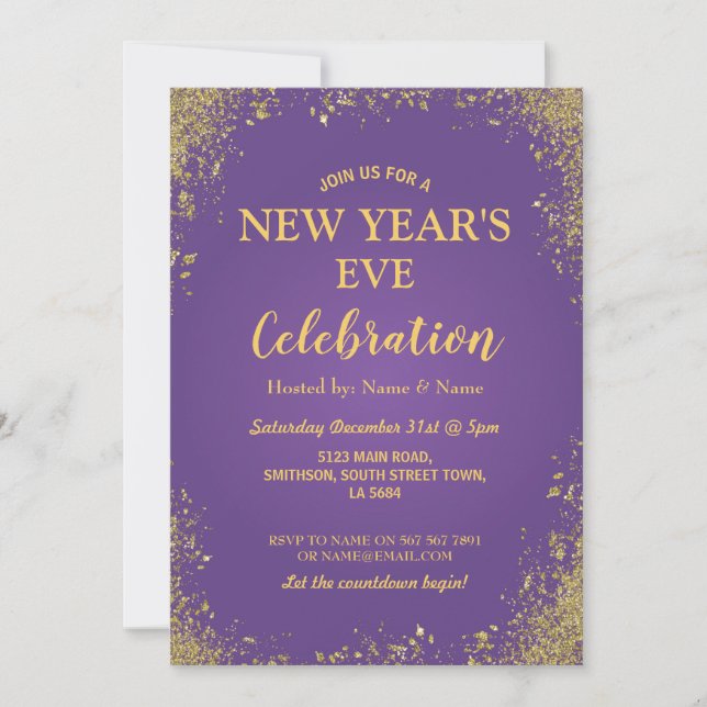 Invitación Fiesta de celebración de Año Nuevo oro morado (Anverso)