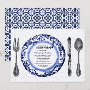 Invitación Fiesta de cena azul fino
