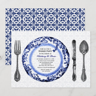 Invitación Fiesta de cena azul fino