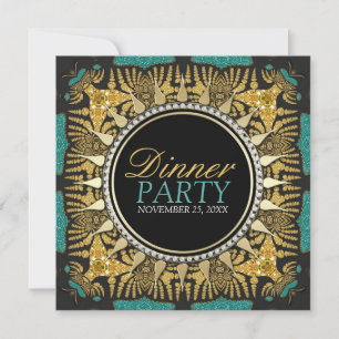 Invitación Fiesta de Cena Batik Tribal Verde Azul Oro Negro