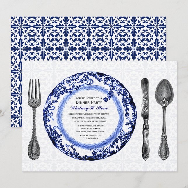 Invitación Fiesta de cena Blue Fine (Anverso / Reverso)